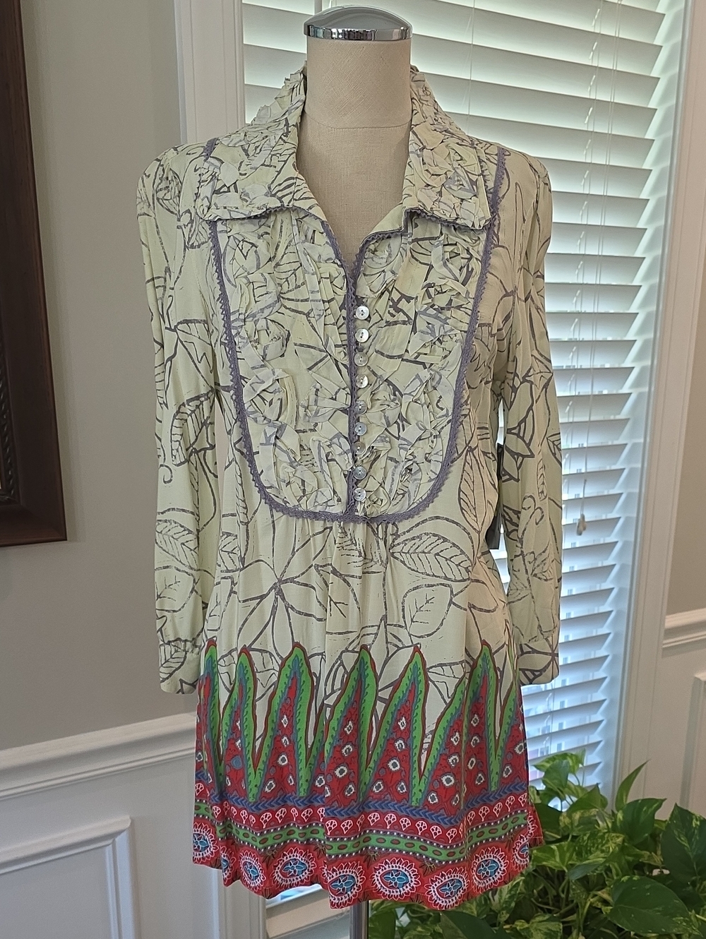 Multiples Light Cream Blouse with Gray Leaf Print